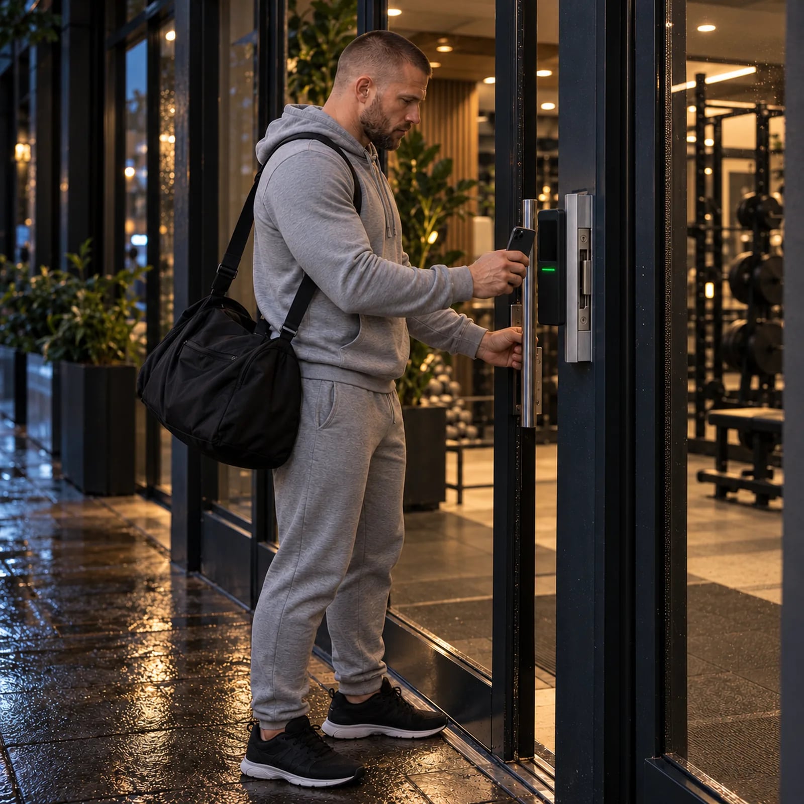 Member opening a small gym's street door after hours with the QR reader beside it