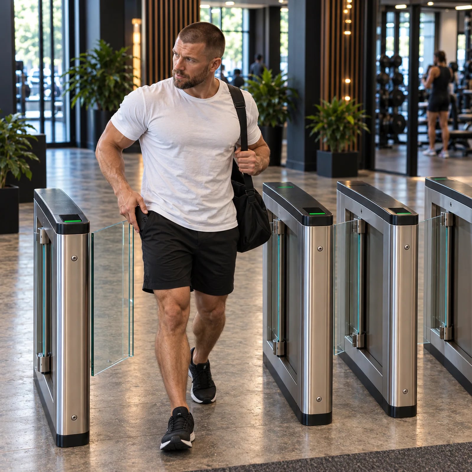 Members passing a row of glass speed gates in a busy club lobby