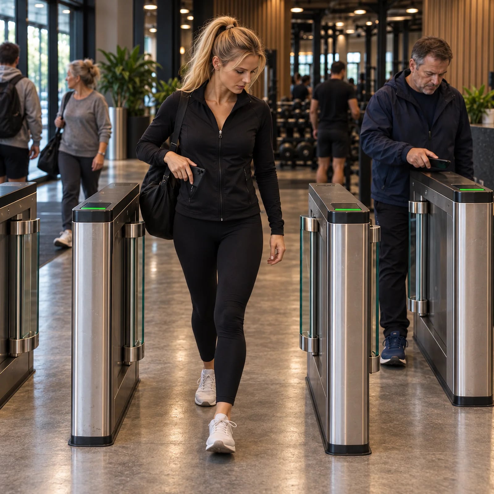 Gymmedlem går genom en öppen speedgate i glas efter att ha scannat medlemskortet