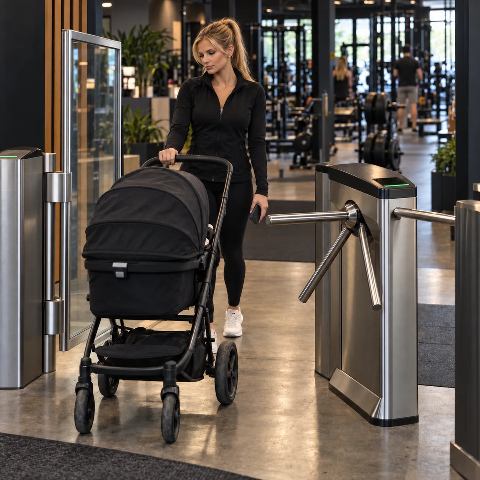 Gymmedlem skjuter en barnvagn genom en öppen svängdörr bredvid ett vändkors