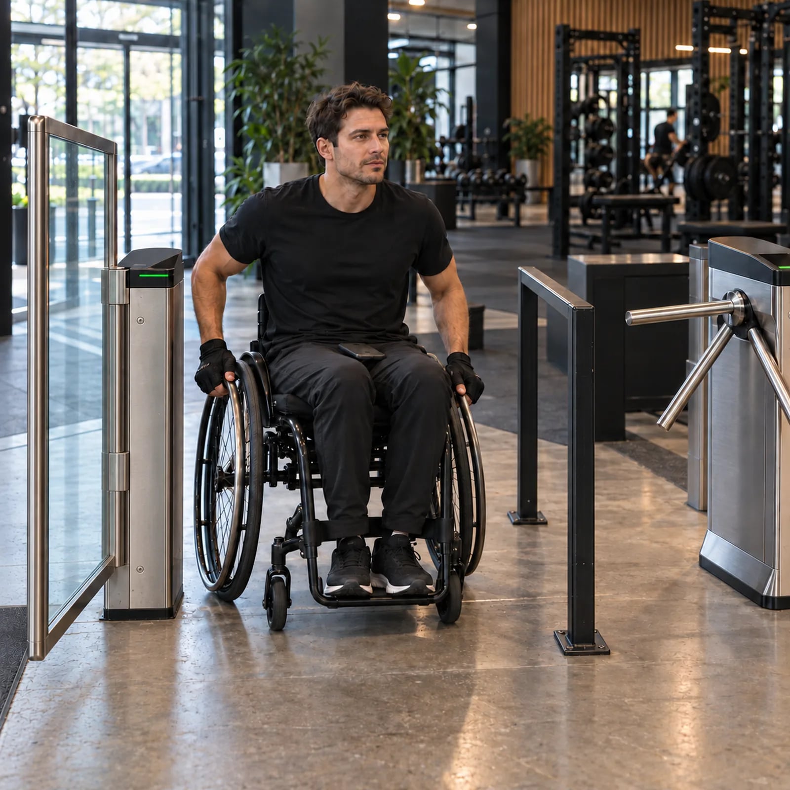 Member in a wheelchair rolling through an open swing gate after scanning the member card