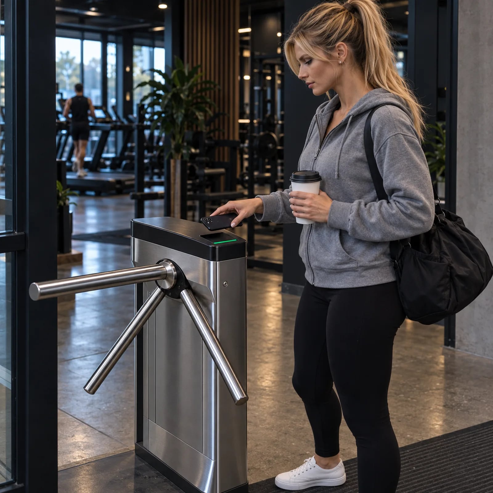 Early-morning member with a coffee holding her phone to the reader of a tripod turnstile at a 24/7 gym