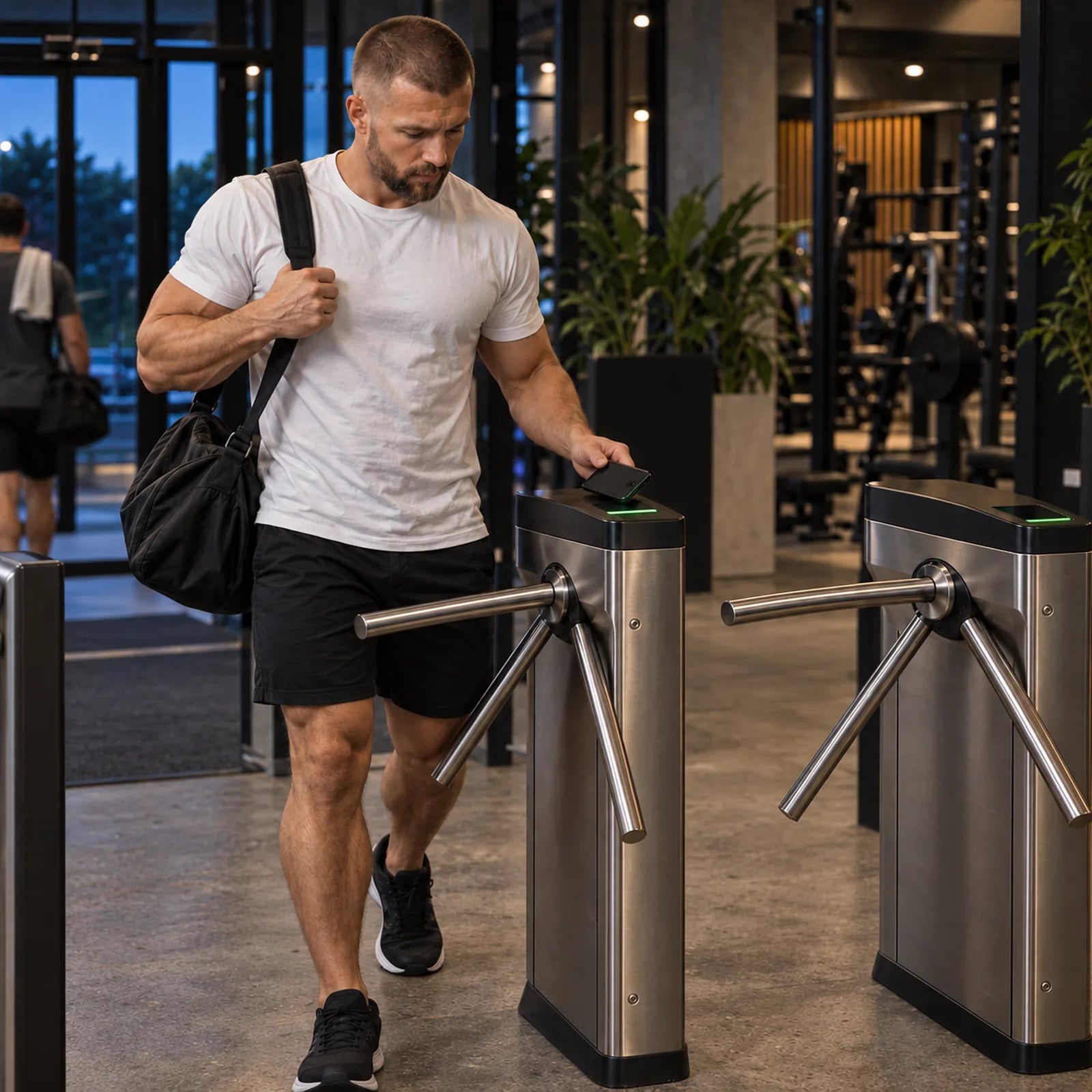 Gymmedlem håller mobilen mot QR-läsaren på ett vändkors medan armarna släpper