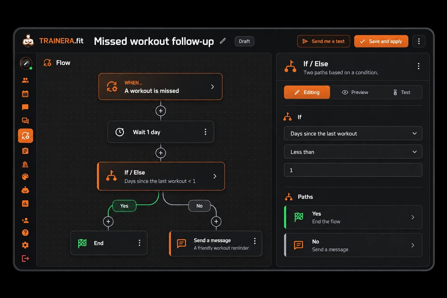 Draft missed-workout follow-up with a wait step, If/Else branches and the condition editor.