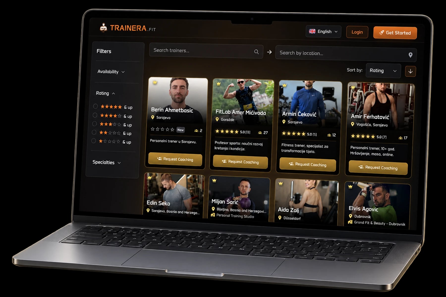 Trainera trainers marketplace on a laptop with trainer cards, search fields and an open rating filter panel