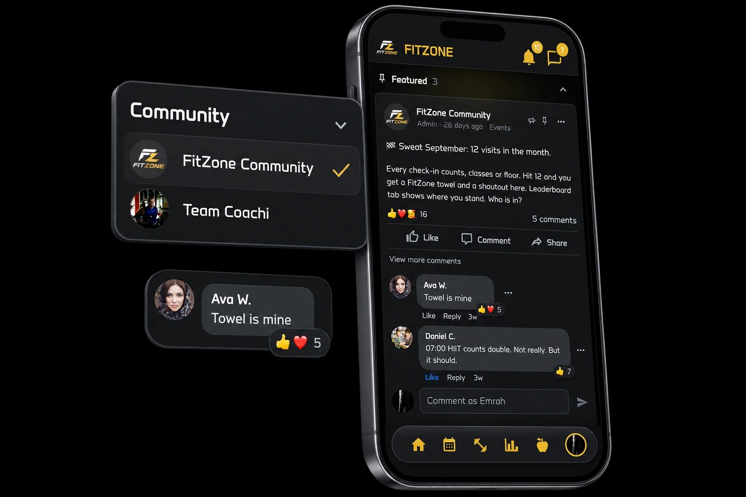 FitZone community feed on a phone beside the gym and coach community switcher.