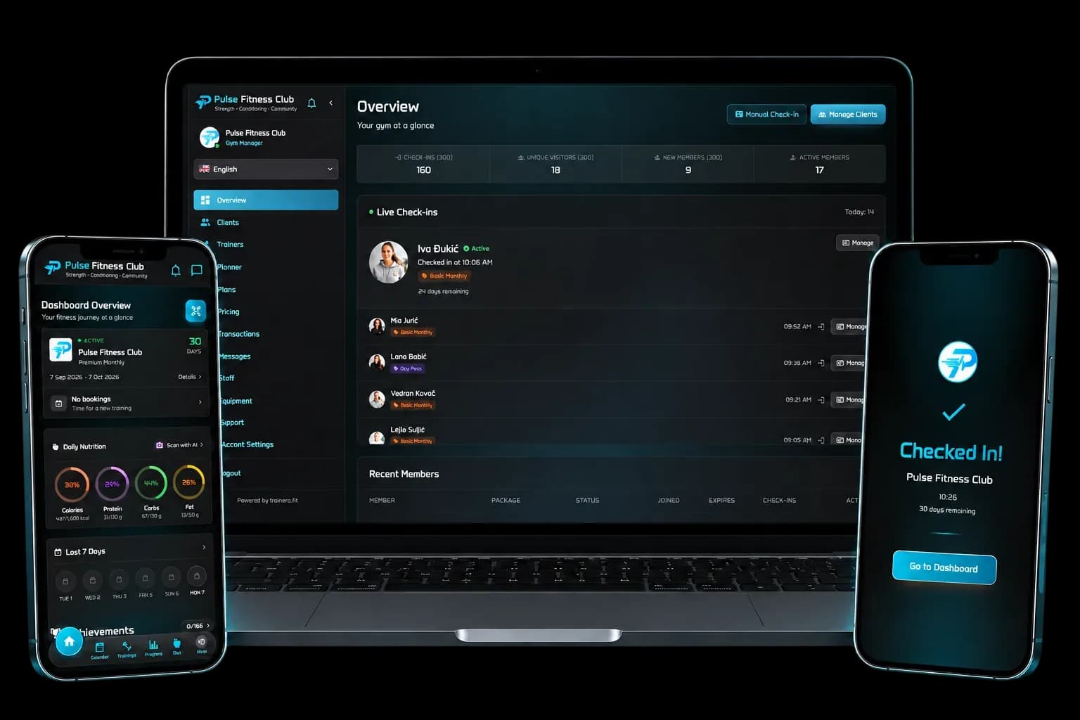 Trainera gym software - owner dashboard with live check-ins, member app and QR check-in confirmation