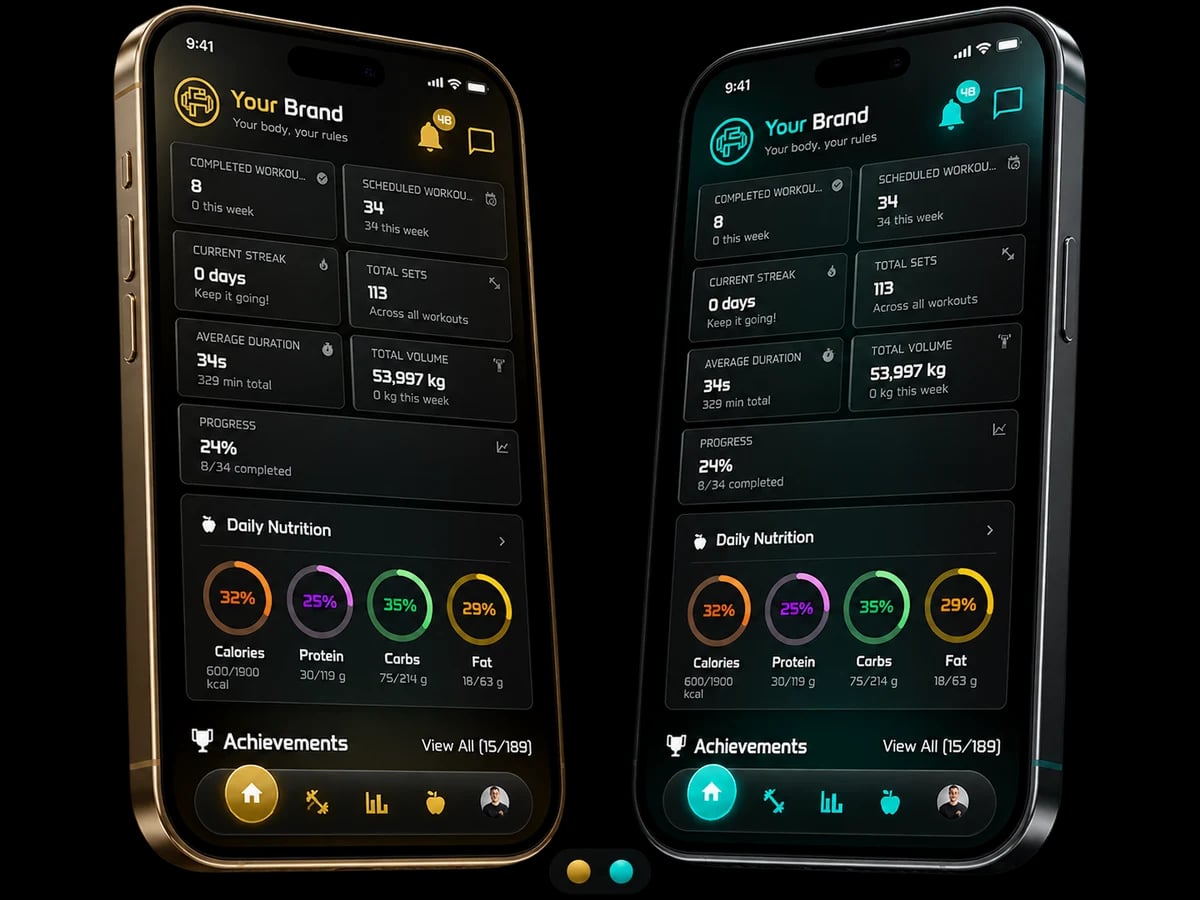 The same coaching app shown in two different brand colour schemes side by side