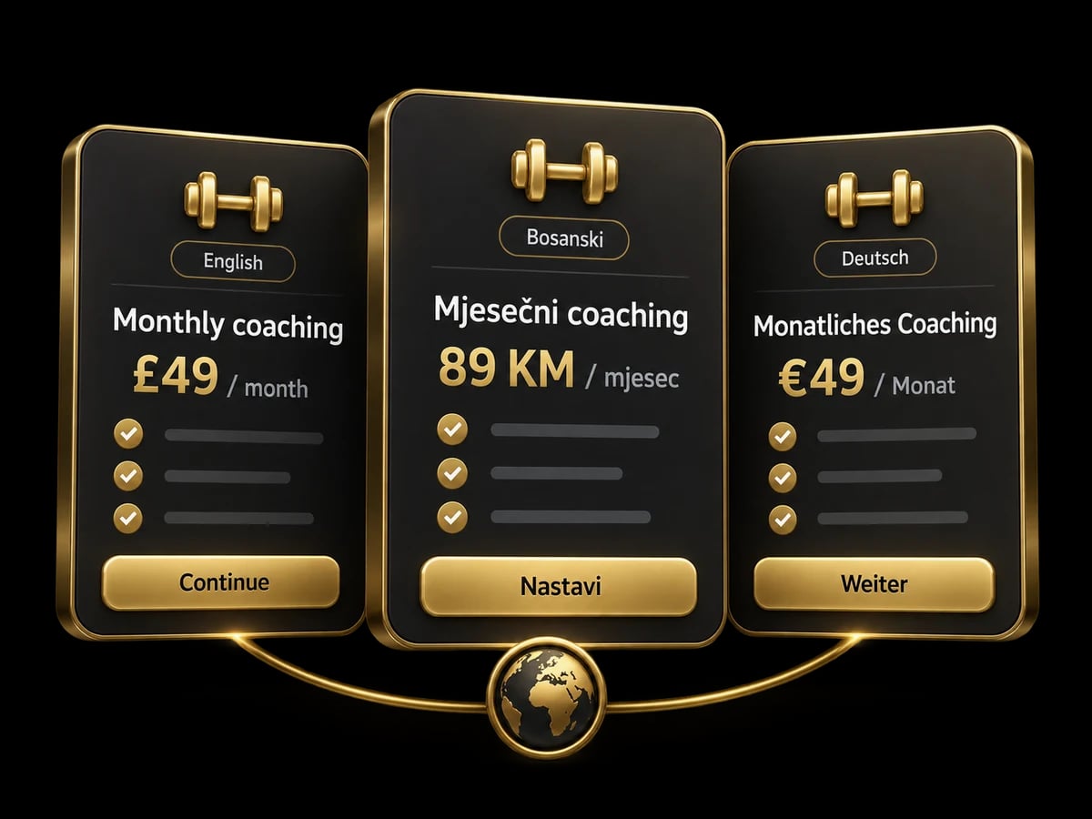 The same Trainera screen in several languages with prices in local currency