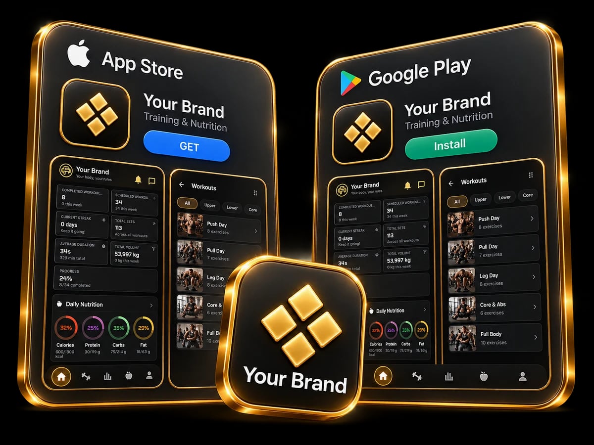 A coach's own branded app listed on the App Store and Google Play