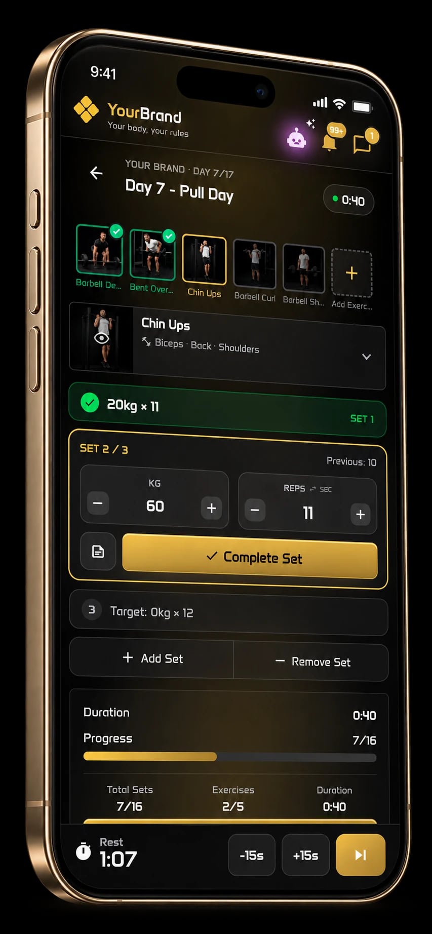 Trainera client app on a phone - today's workout with exercise videos, set logging, rest timer and session progress