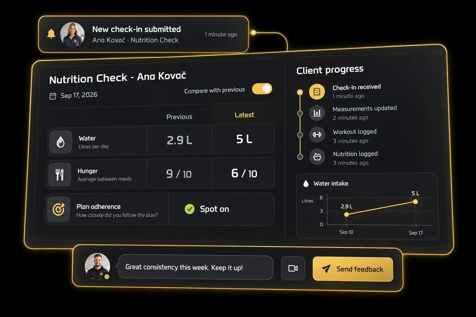 A client check-in with previous and latest answers, a progress timeline and coach feedback
