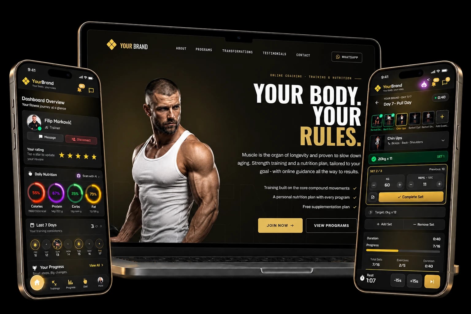 Trainera coaching platform - a branded coaching website on a laptop with the client app dashboard and workout tracking on two phones