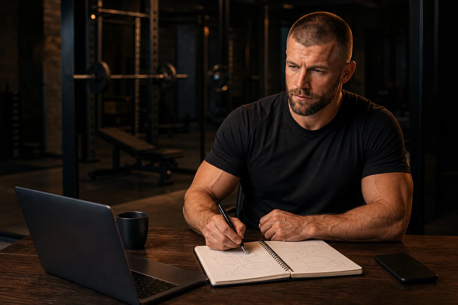 A fitness coach working on the business side of their coaching at a desk in their gym office at night