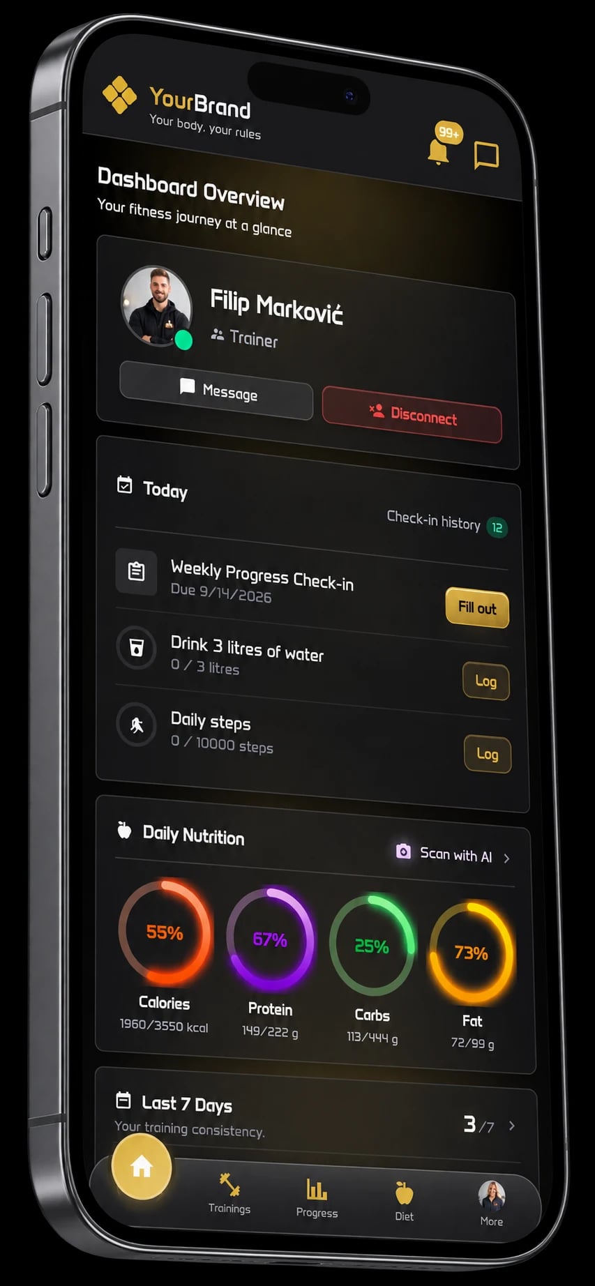 Trainera client app on a phone - the Today card with a weekly check-in to fill out and habits to log, daily nutrition rings and training consistency