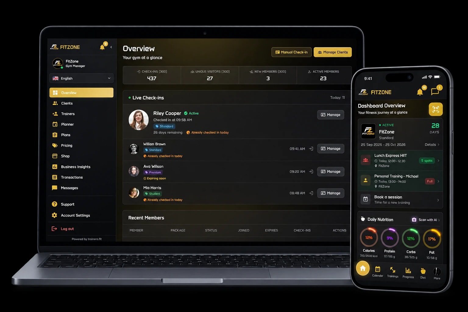 FitZone gym manager dashboard on a laptop beside the branded member app on a phone.