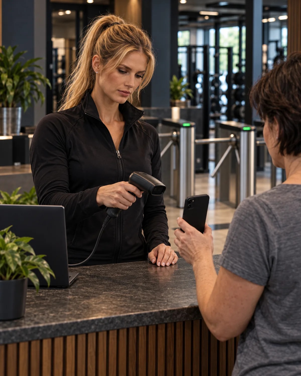 Receptionist scannar en medlems mobil med en QR-handscanner i gymmets reception