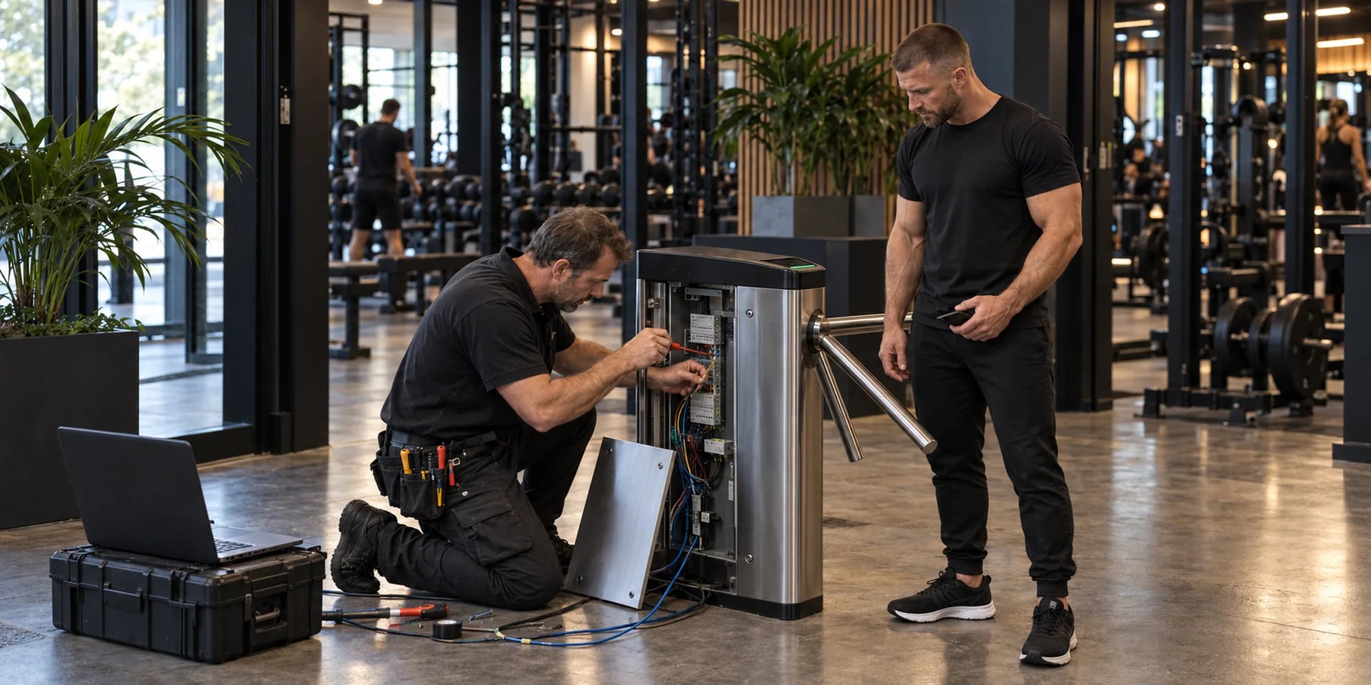 Installatör kopplar in passerkontrollenheten i ett öppet vändkors medan gympersonalen väntar på att testa läsaren