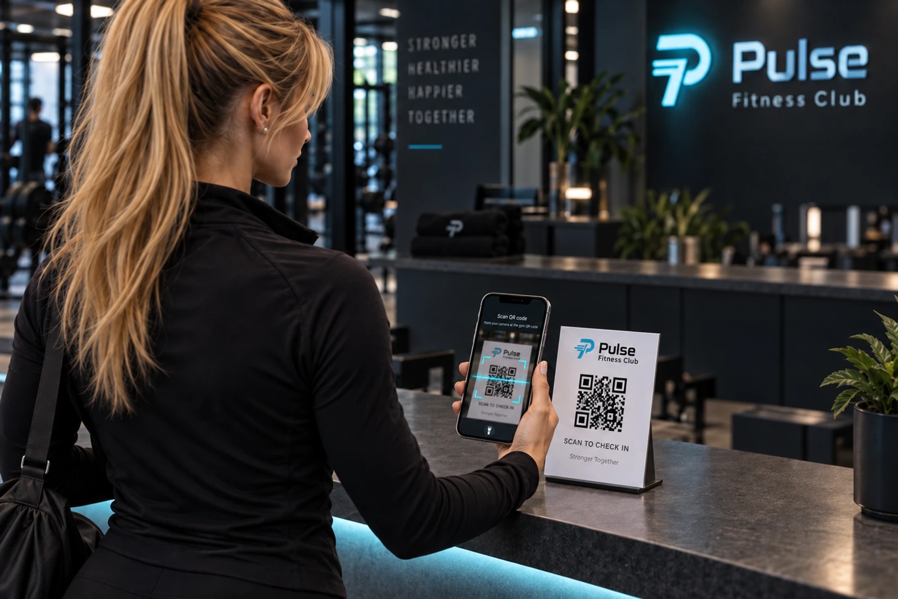 Lisa scanning the gym reception QR card with the active scanner on her phone