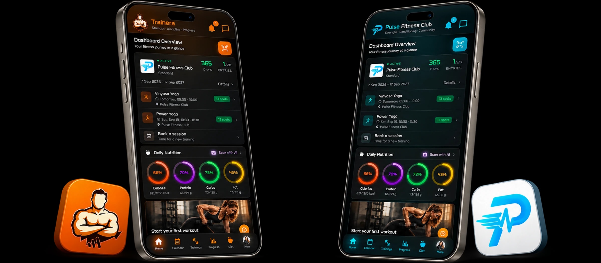 Two angled phones showing the same member app in Trainera orange and Pulse Fitness Club branding