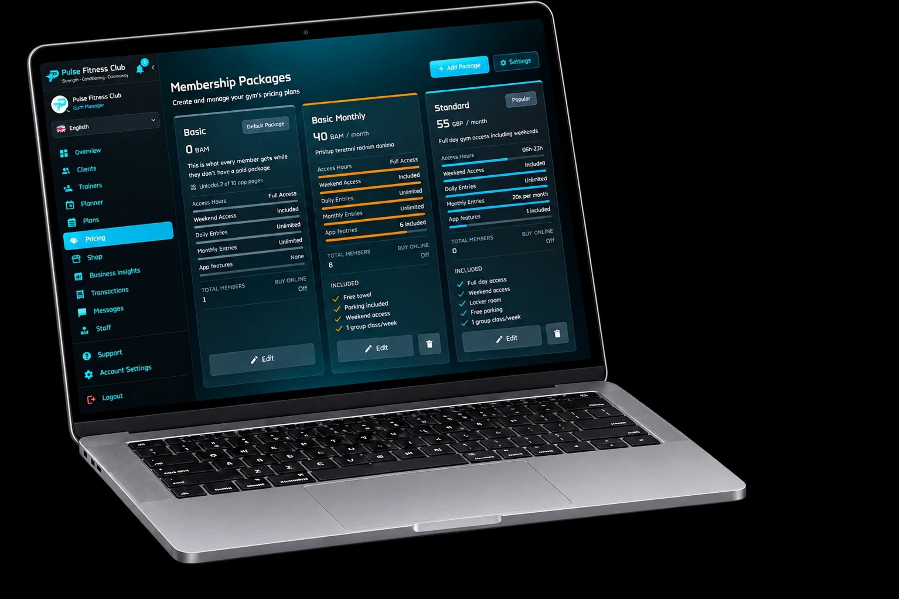 Pulse membership packages on a laptop