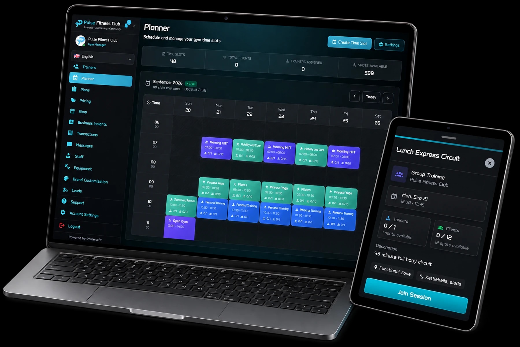 Pulse weekly planner on a laptop with the Lunch Express Circuit booking and Join Session button on a tablet