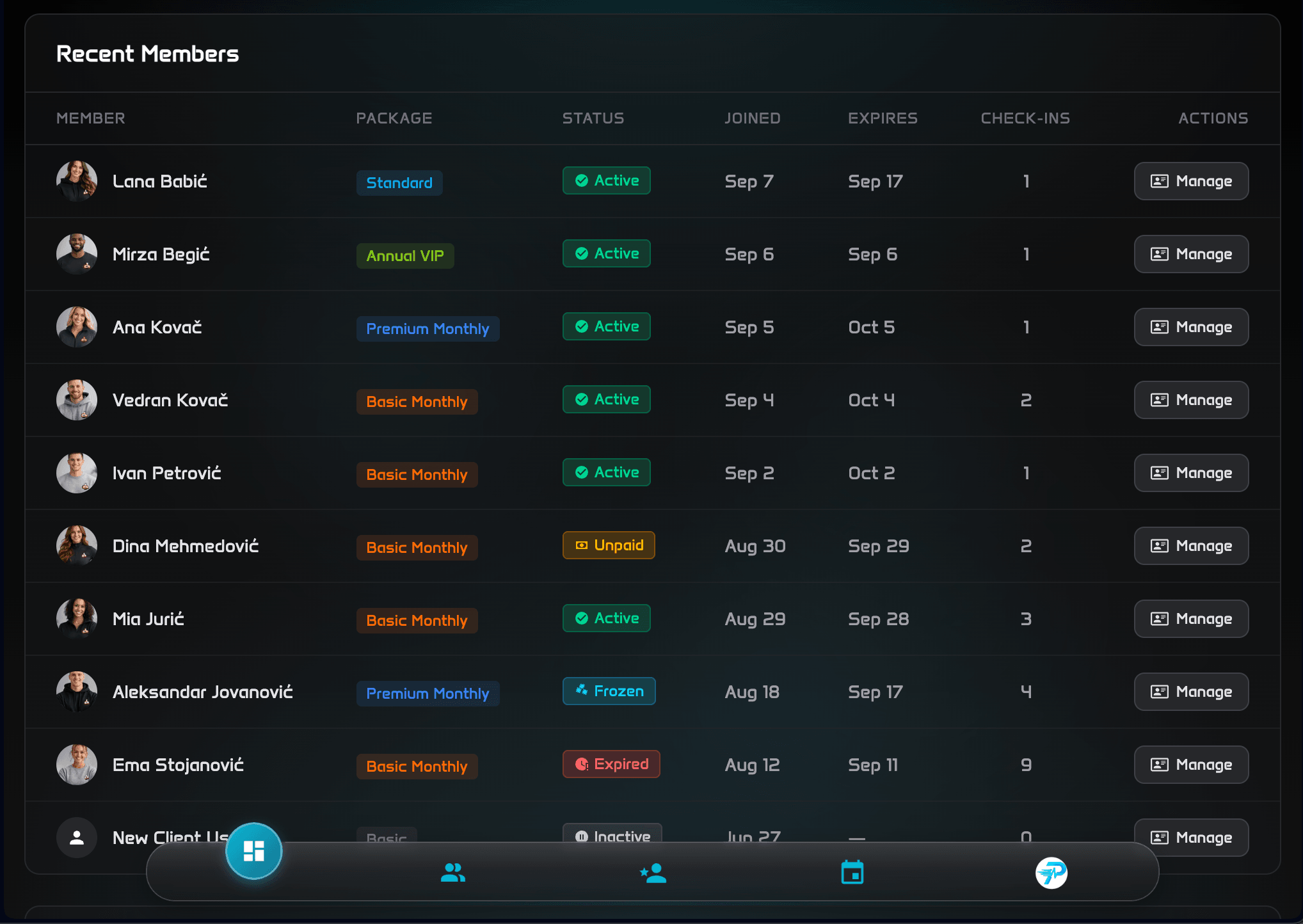 Original Pulse Recent Members screen showing packages, statuses, expiry dates and check-ins