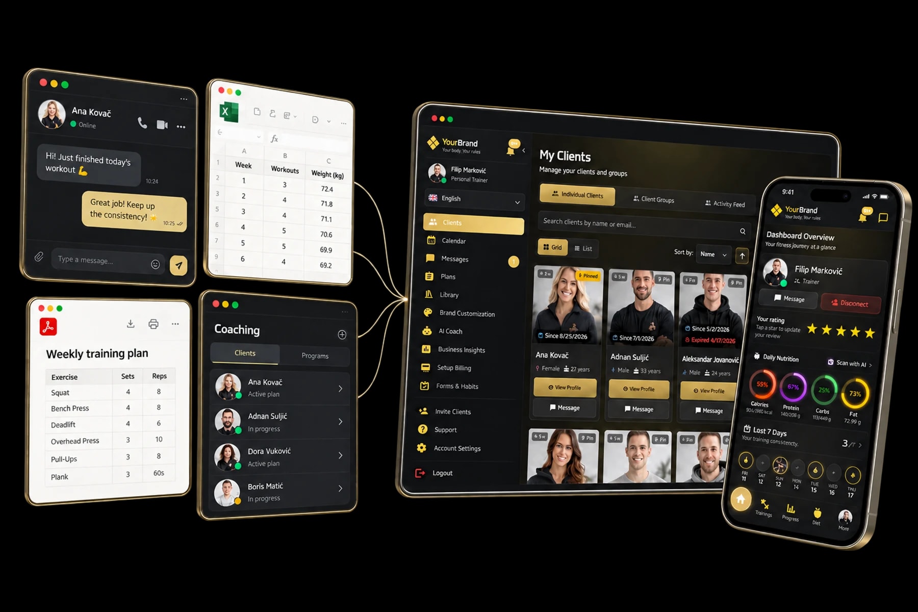 Chat, spreadsheets, PDF programs and an existing coaching app connect to Trainera's coach dashboard and client mobile app