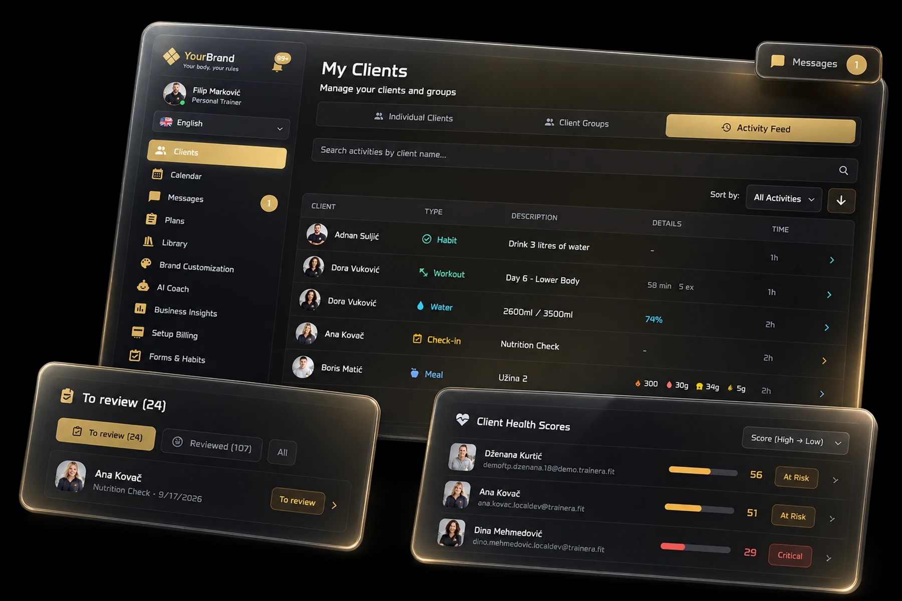 Coach activity feed with pending check-ins, unread messages and client health scores